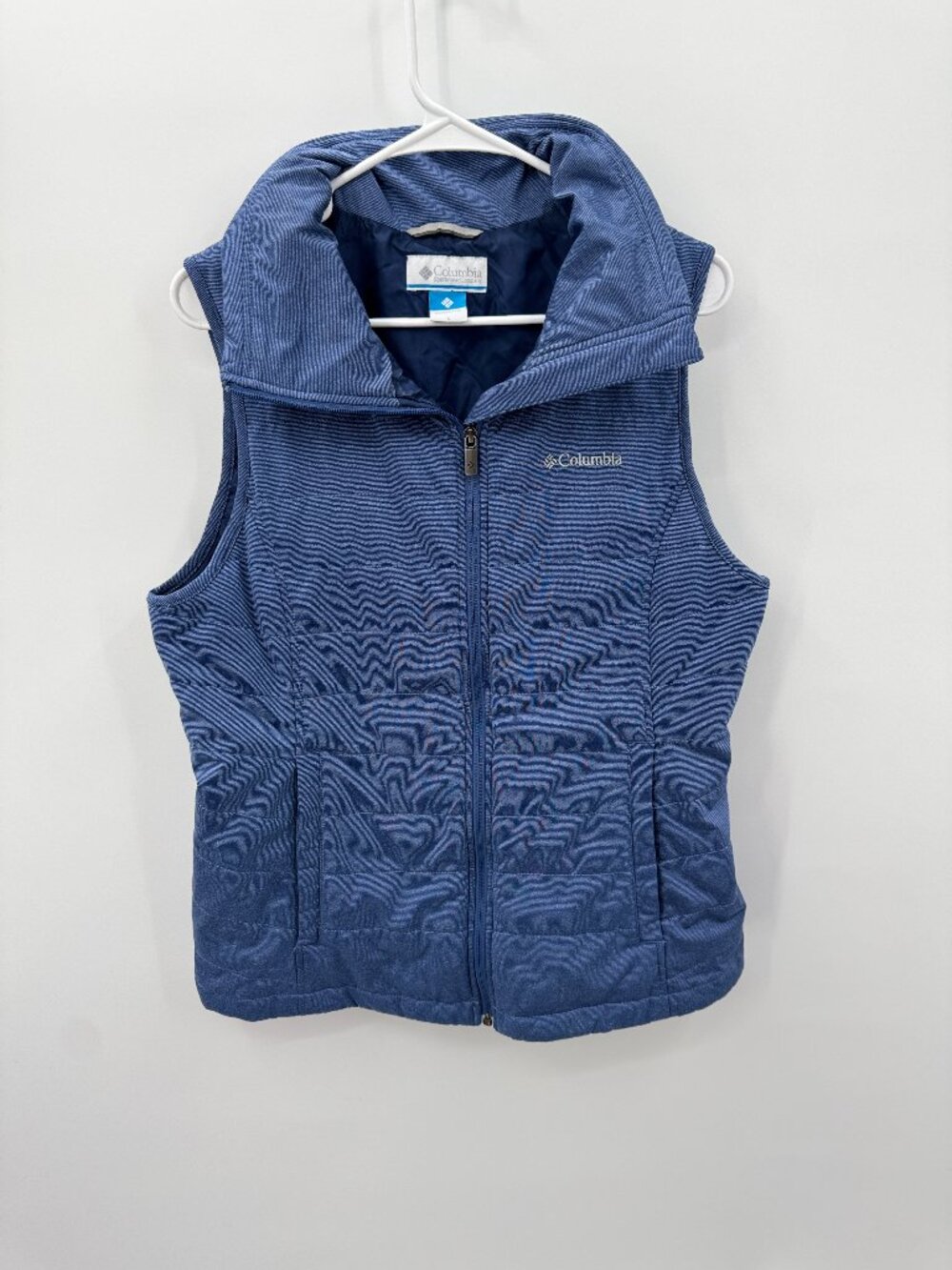 Columbia Quilted Puffer Vest Womens Large Blue Striped Full Zip Outdoor Hiking